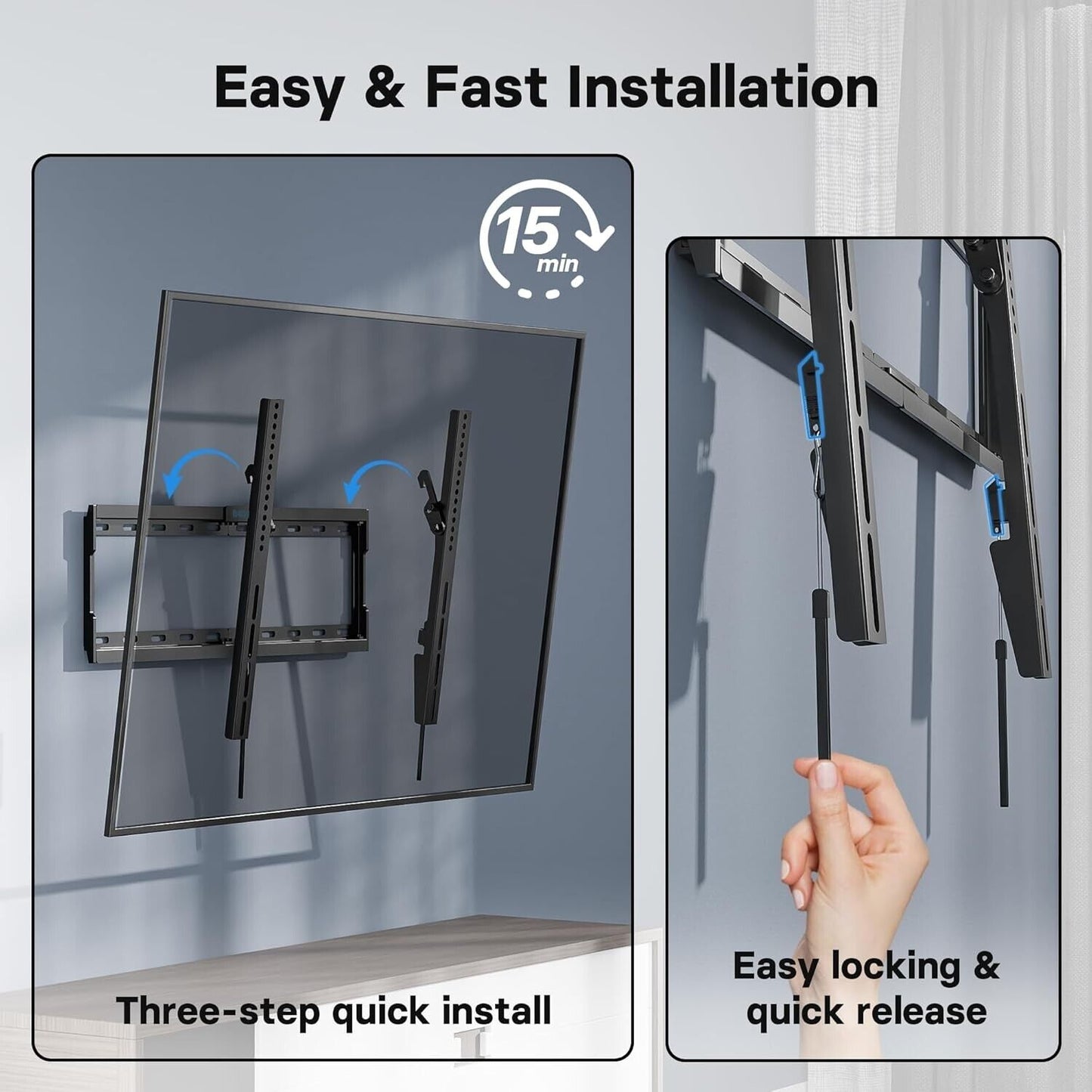 BONTEC TV wall bracket for 37-80 inch TVs showcasing easy installation process and quick release features
