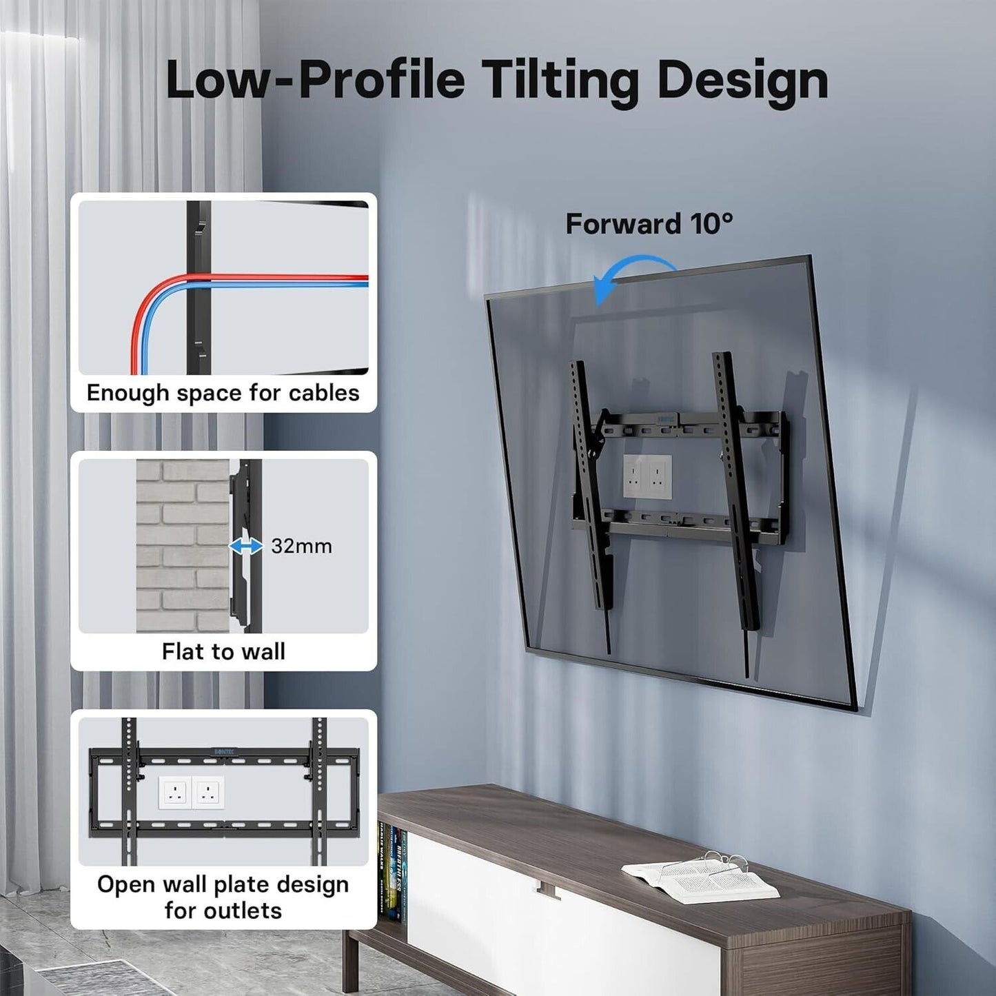 BONTEC TV wall bracket for 37-80 inch TVs with low-profile tilting design and cable management features