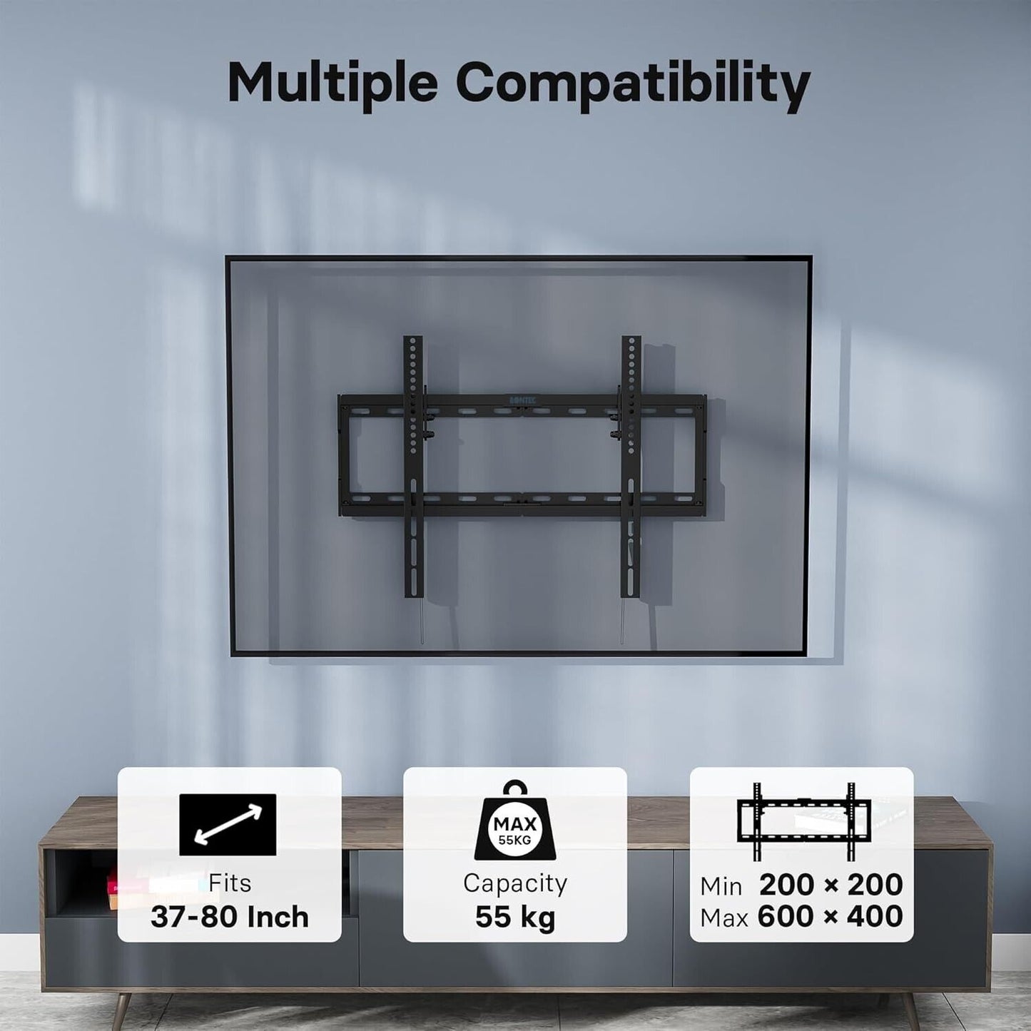 BONTEC TV wall bracket for 37-80 inch TVs with adjustable mounting options and 55 kg capacity