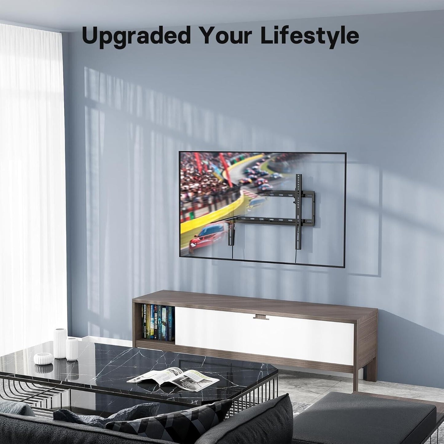 Modern living room featuring BONTEC TV wall bracket for 37-80 inch TVs holding a flat-screen TV