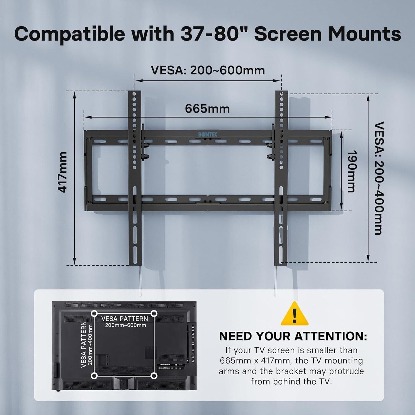 BONTEC TV wall bracket for 37-80 inch TVs with adjustable VESA mounting patterns shown in image
