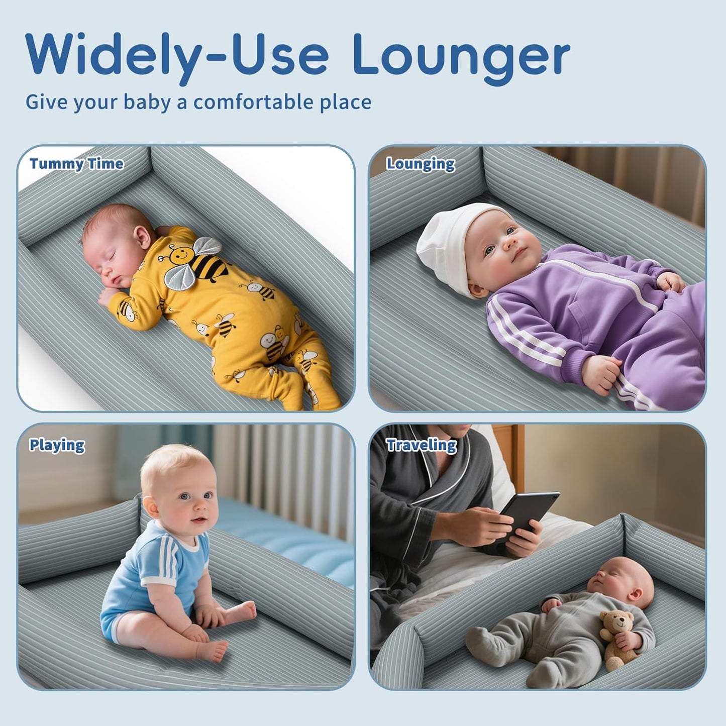 Breathable baby lounger for newborns featuring versatile use for tummy time, playing, lounging, and travelling