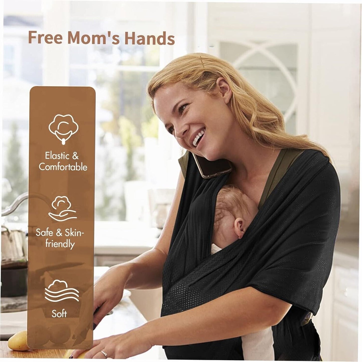 Breathable baby wrap carrier worn by a mother holding her baby while multitasking at home