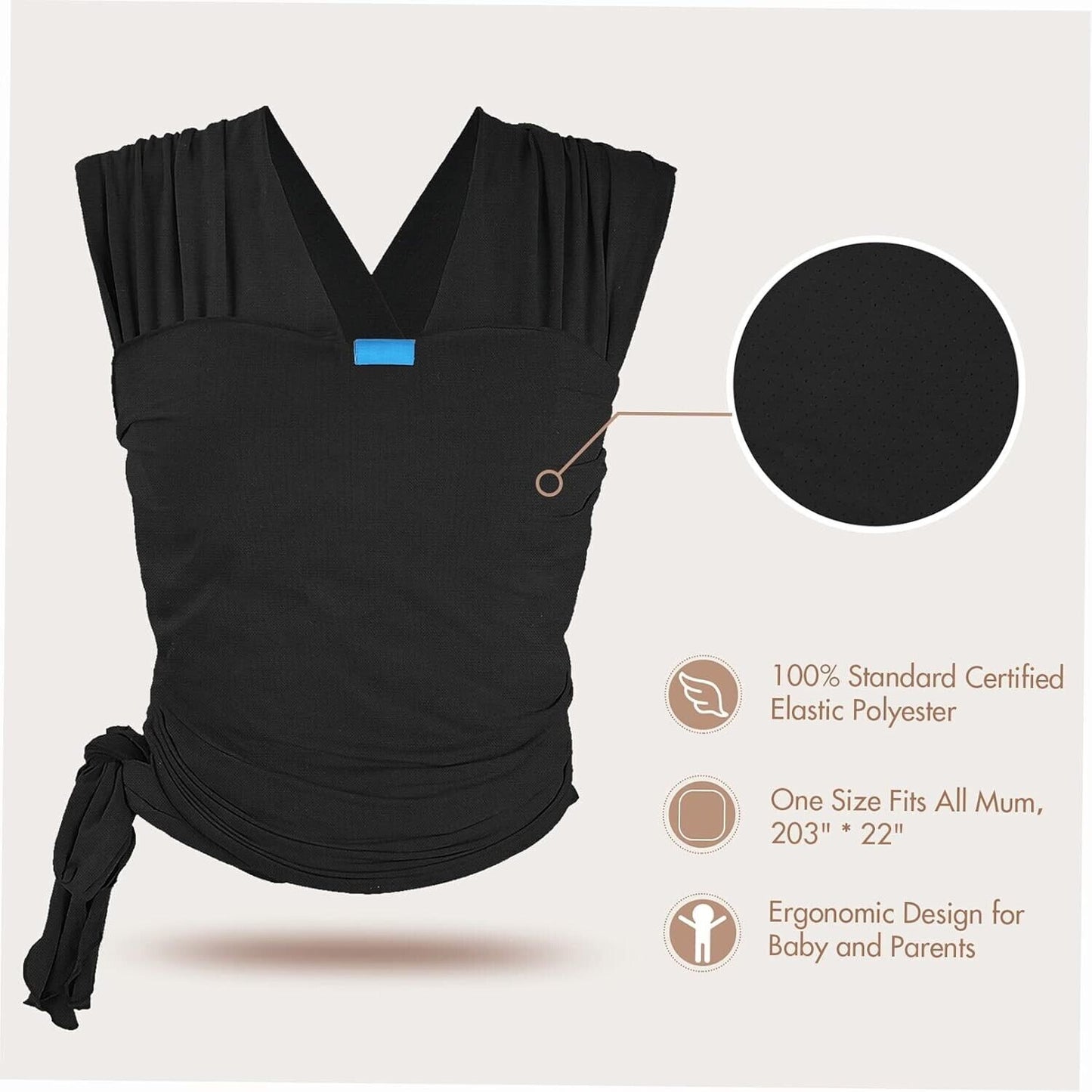 Breathable baby wrap carrier in black with ergonomic design and adjustable fit for parents and infants