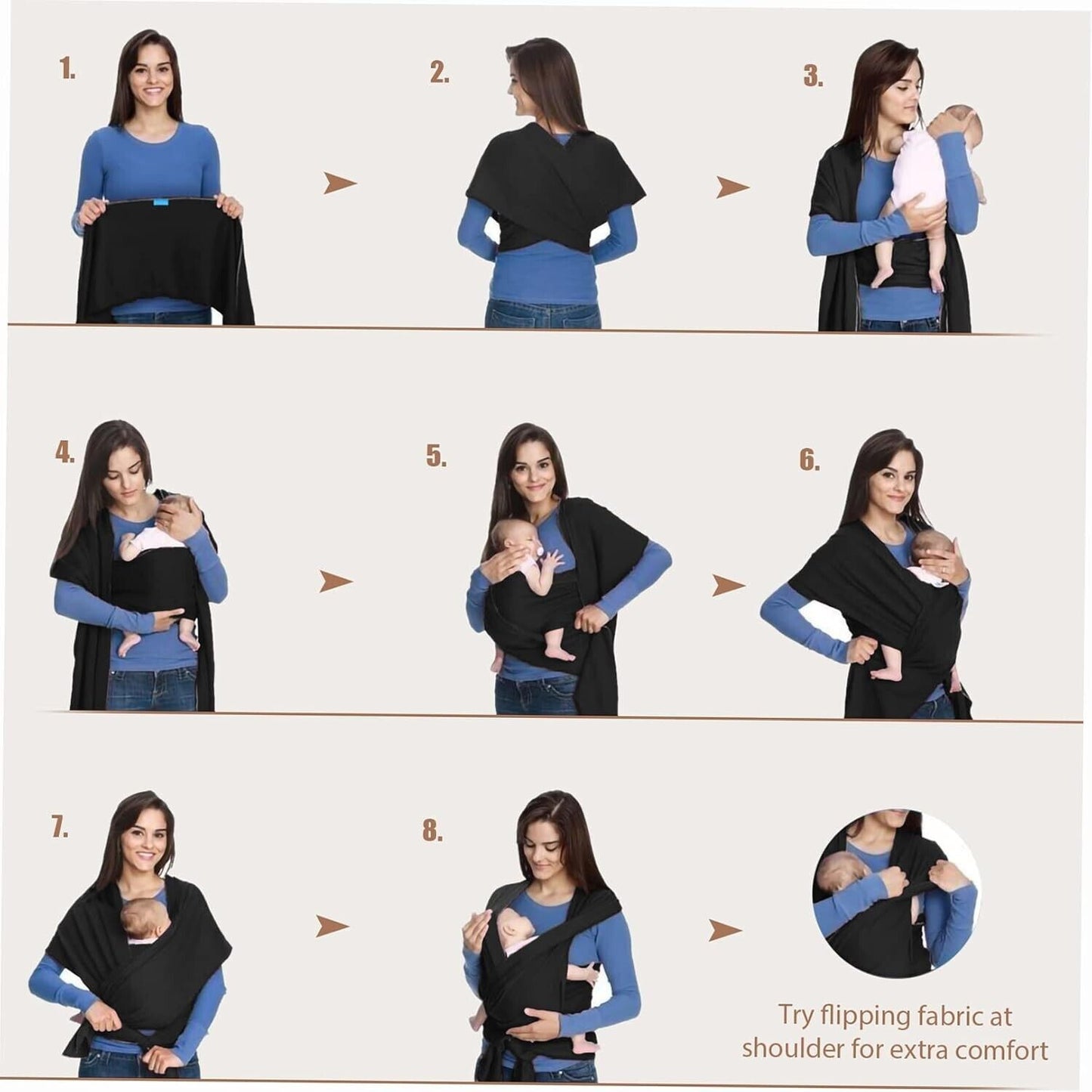 Breathable baby wrap carrier shown in step-by-step guide for comfortable baby wearing