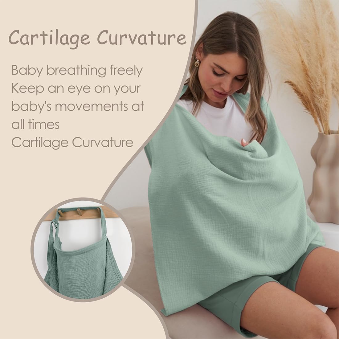 BabyGliy breathable muslin nursing cover in soft green, promoting comfort and ease for nursing mothers.
