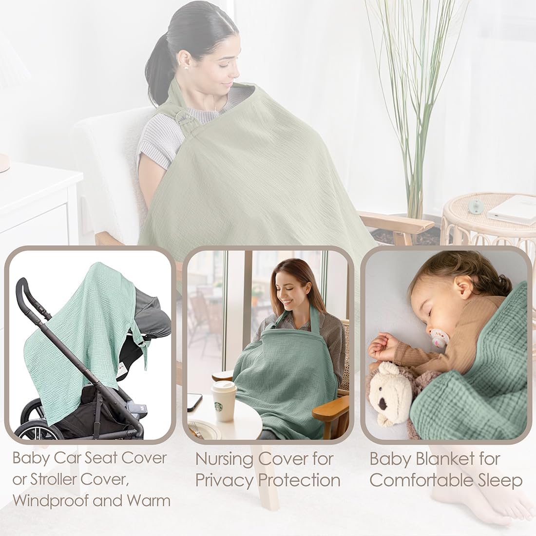 Breathable muslin nursing cover in soft green for privacy while breastfeeding outdoors