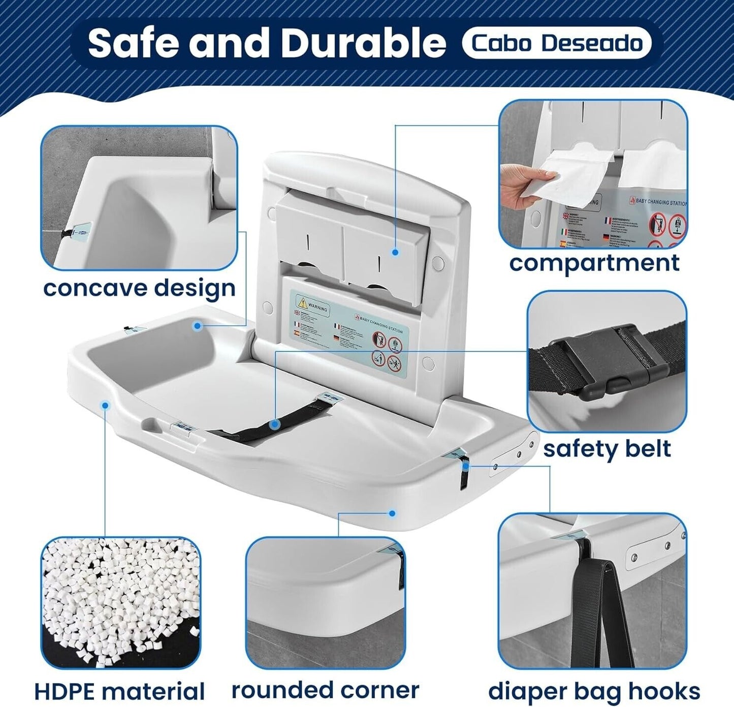 Cabo Deseado commercial baby changing station with safety belt and durable HDPE material