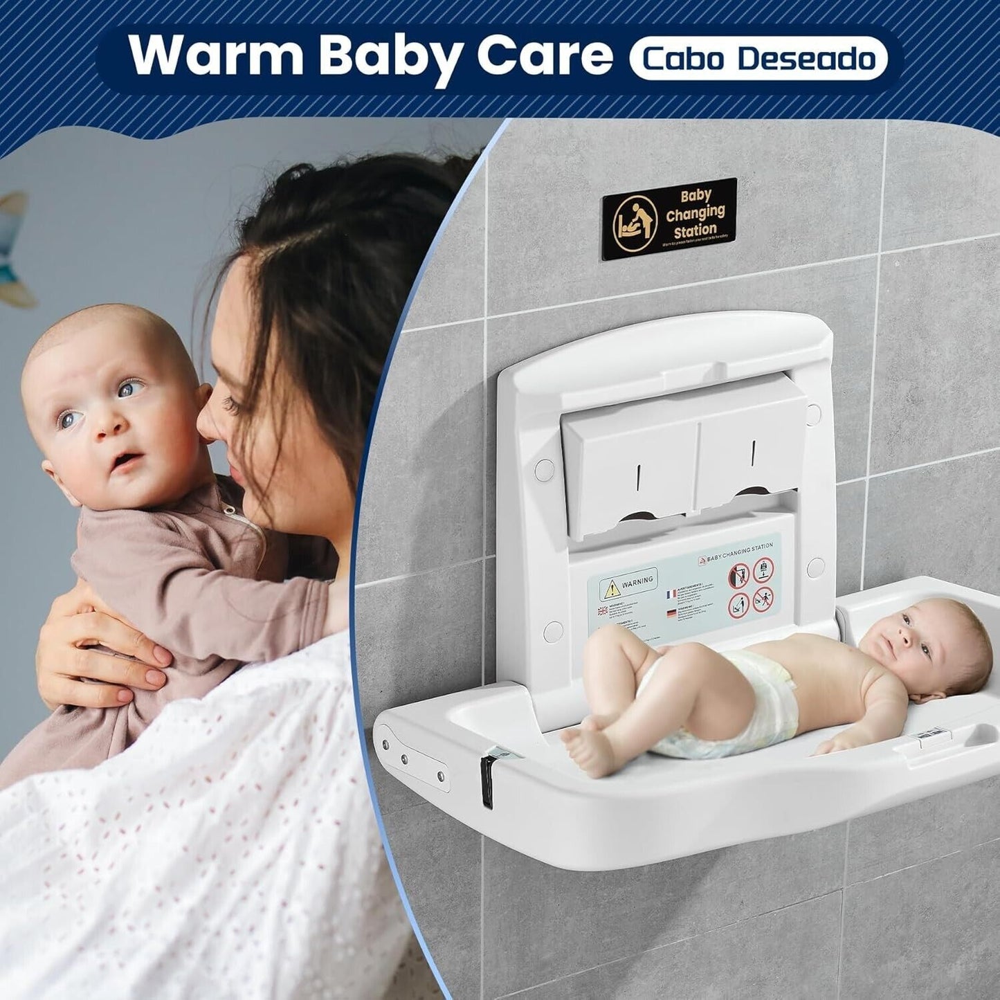 Cabo Deseado commercial baby changing station mounted on the wall with a baby lying on it and a mother holding another baby