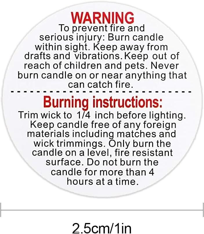 Candle warning label stickers with safety instructions for safe candle use and fire prevention