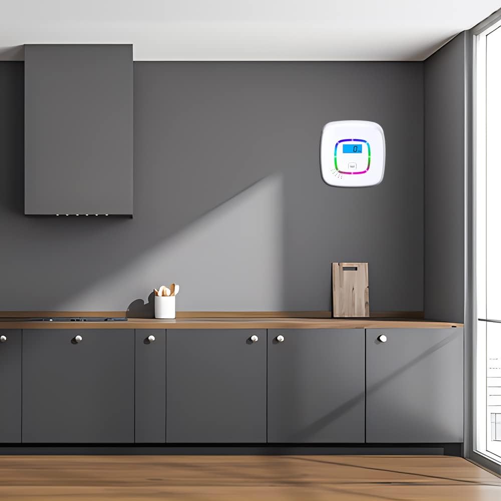 OBEST carbon monoxide detector alarm mounted on a kitchen wall for safety and security in home environments