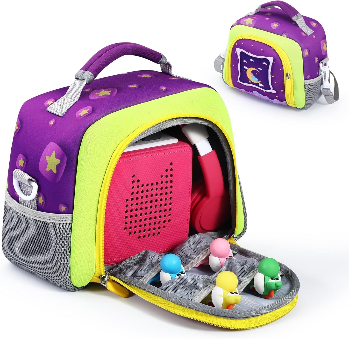 Colourful TATAVR carrying bag for Toniebox with ample space for figurines and accessories