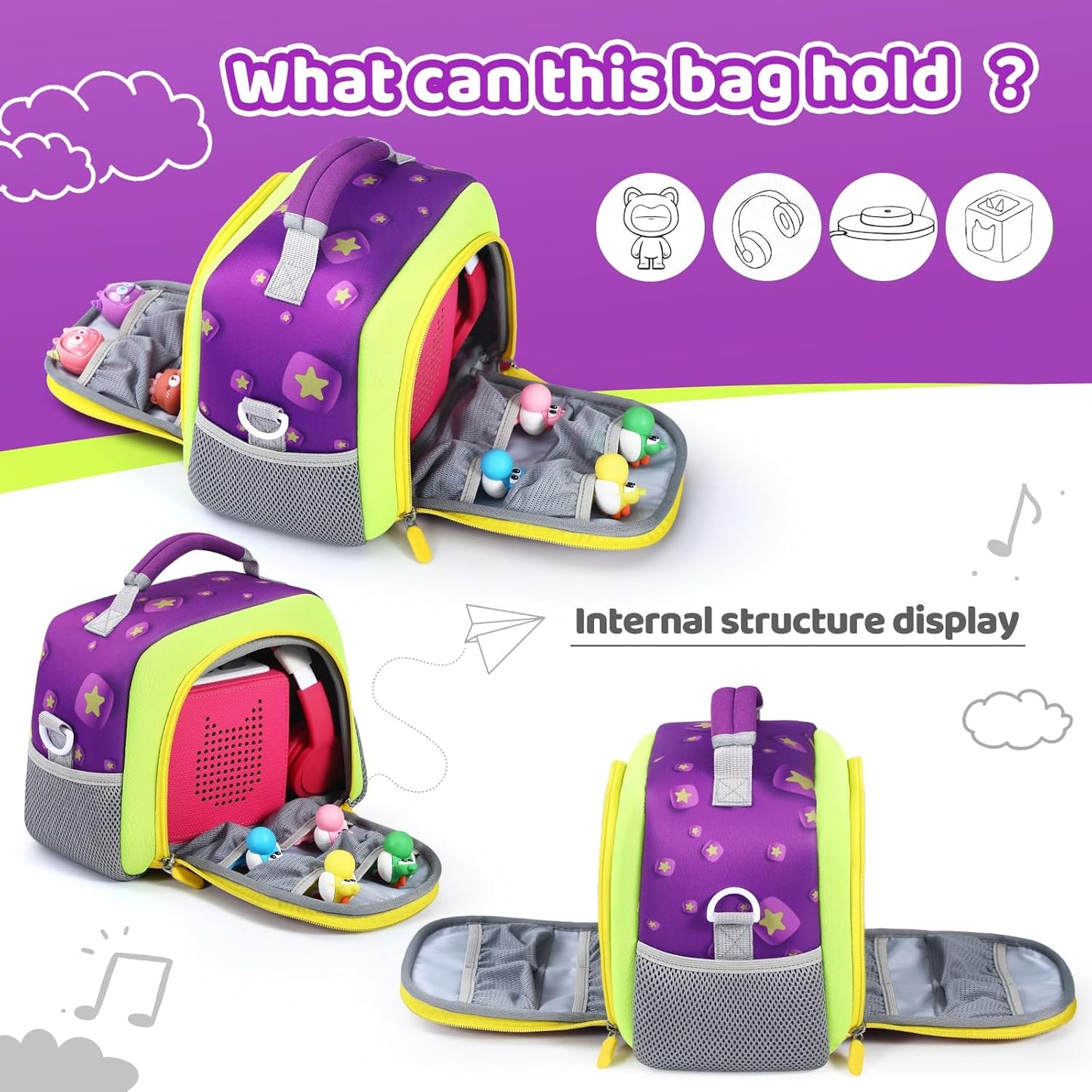 Colourful TATAVR carrying bag for Toniebox with spacious compartments for toys and accessories