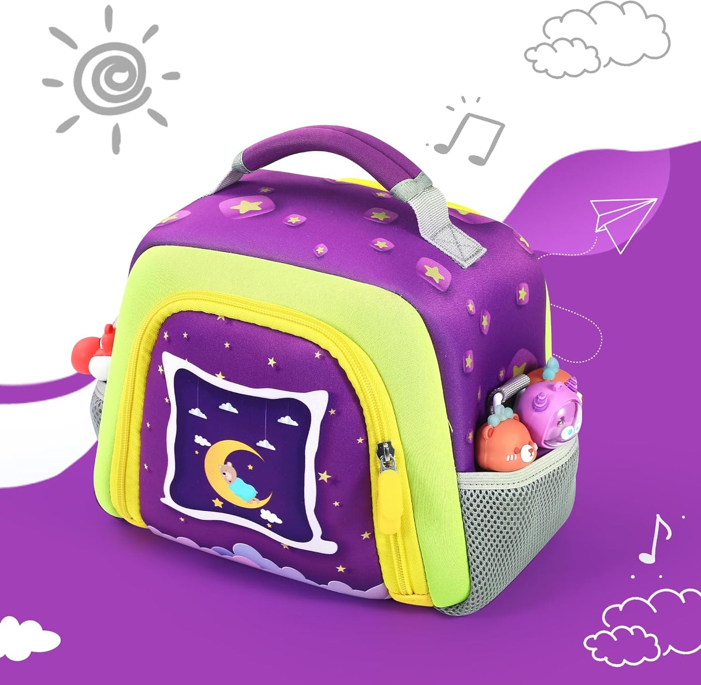 Colourful TATAVR carrying bag for Toniebox with fun designs and external pockets for toys
