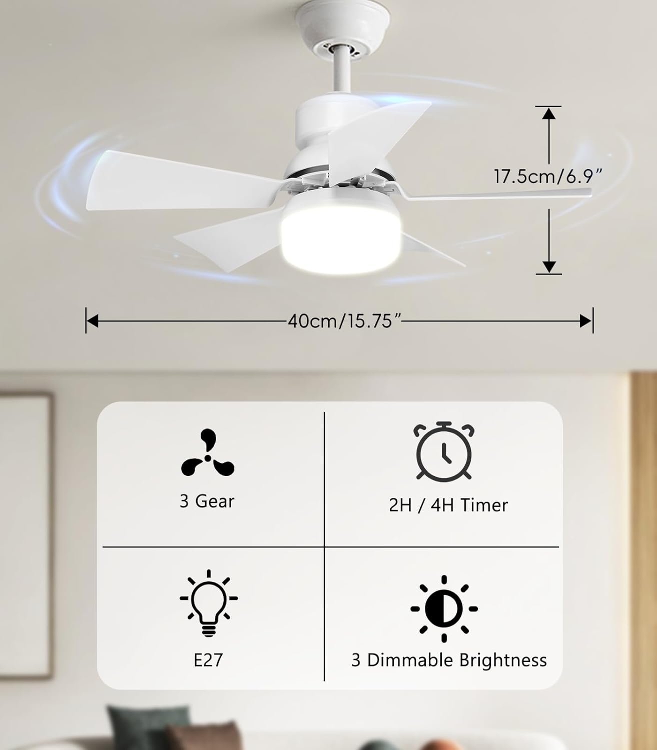 Alljia ceiling fan with lights and remote featuring three speeds and dimmable brightness options