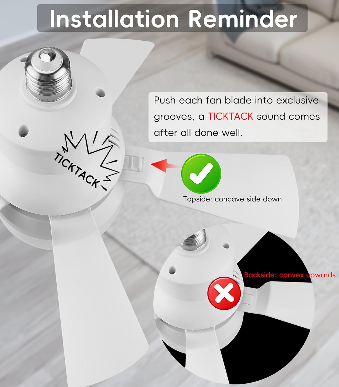 Installation reminder for Alljia ceiling fan with lights and remote showing fan blade grooves and assembly tips