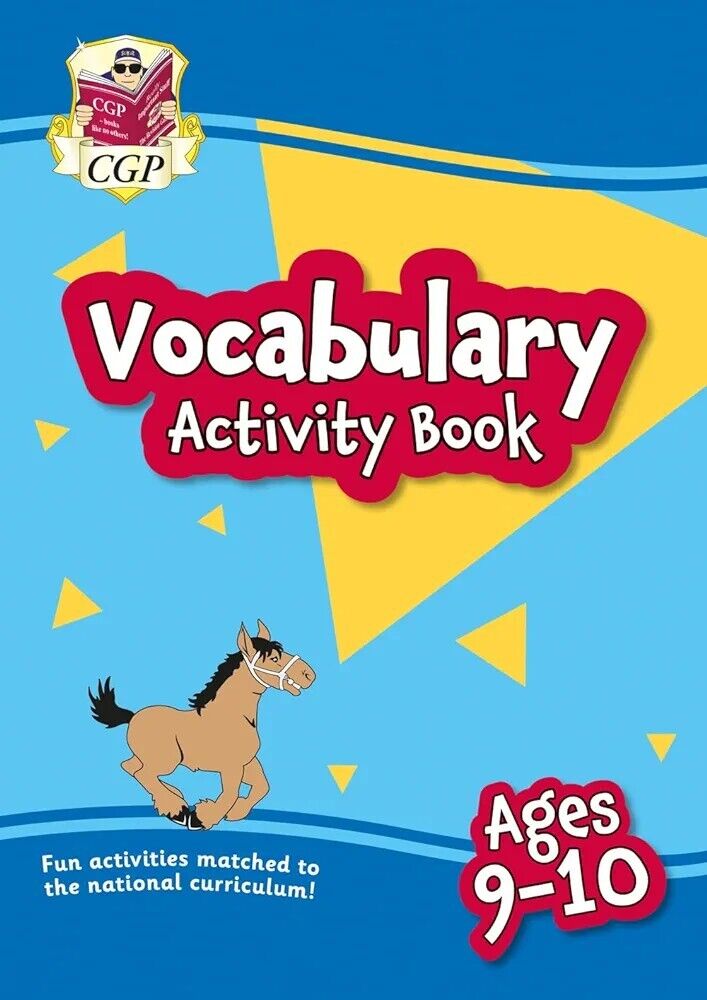 CGP vocabulary activity book age 9-10 with fun activities and colorful horse illustration on blue cover