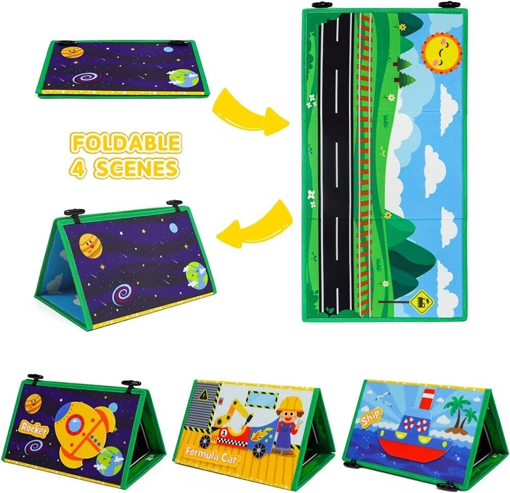 Okooko vehicle puzzle set for kids featuring foldable scenes with a road, space, and various vehicles