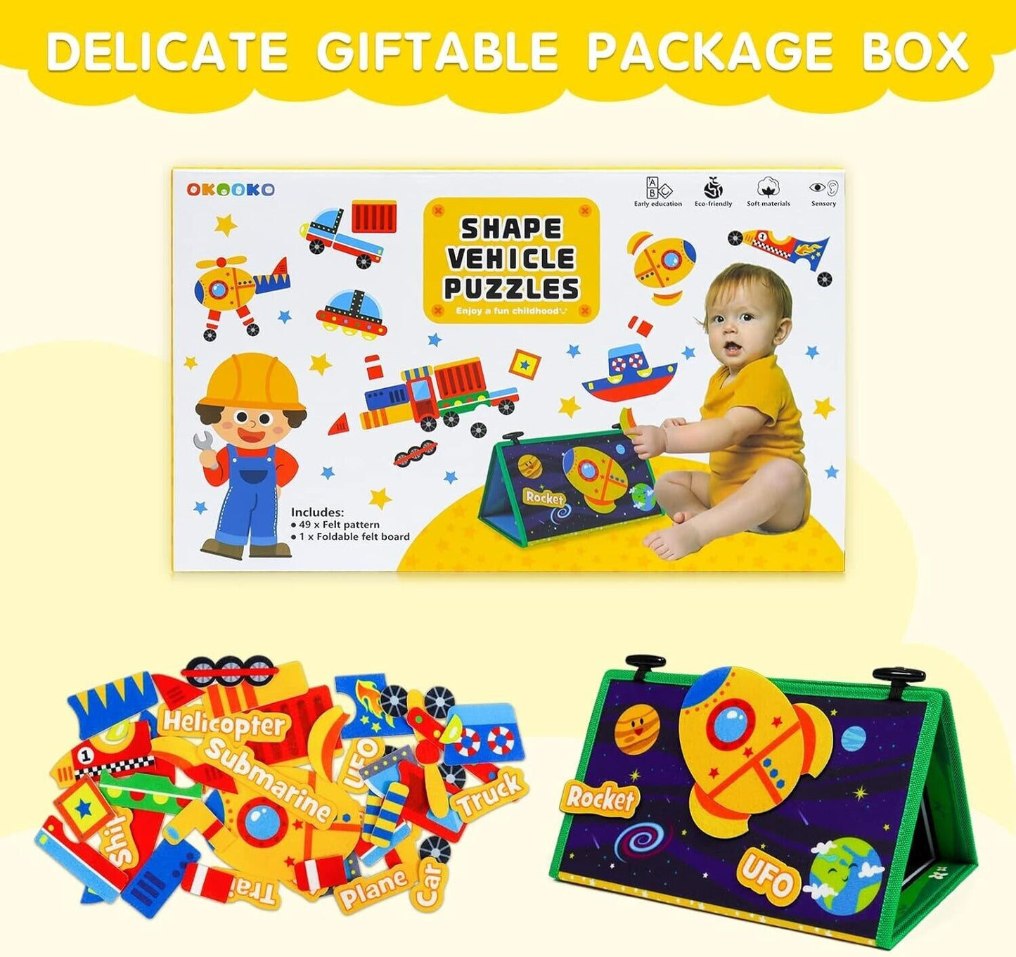 Okooko vehicle puzzle set for kids in a colourful box with various vehicle shapes and a toddler playing