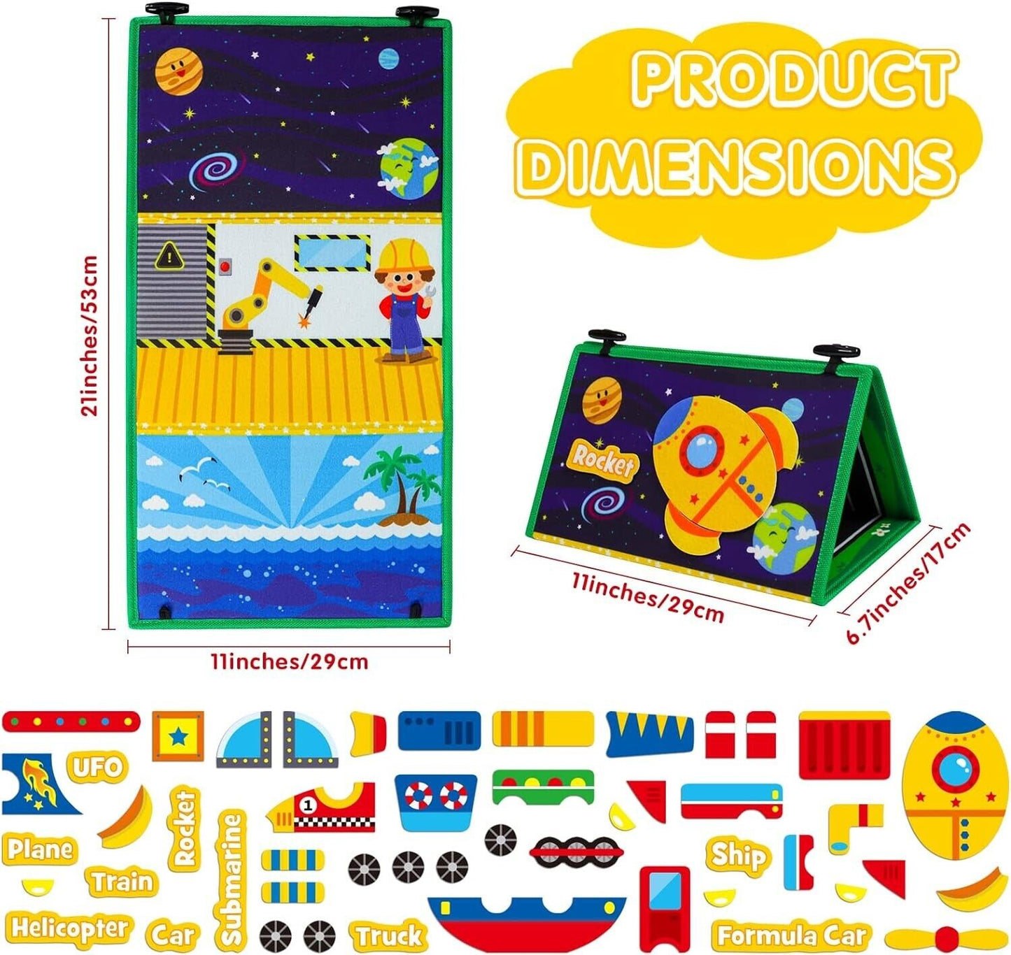 Okooko vehicle puzzle set for kids featuring colourful pieces like rockets, trains, and submarines