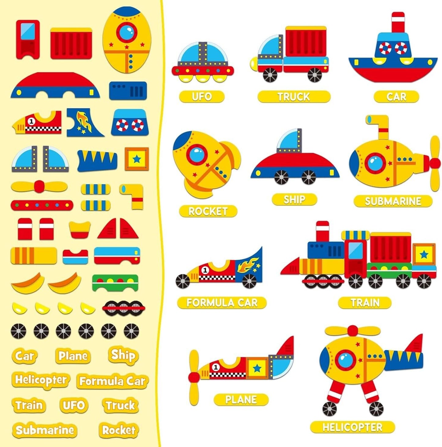 Colourful Okooko vehicle puzzle set for kids featuring different vehicles like cars, trains, and rockets