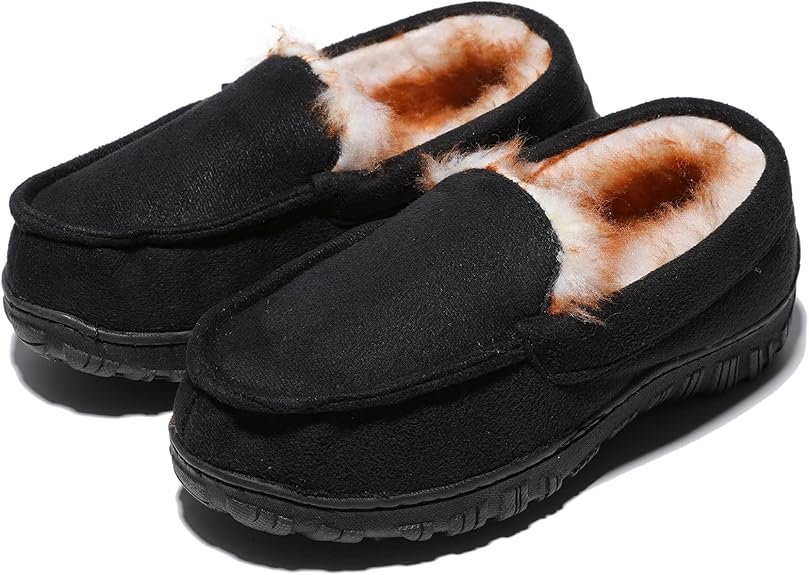 FUPPIA children's moccasin slippers in black with soft fur lining for warmth and comfort