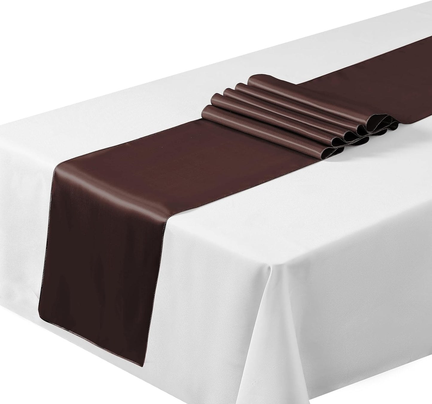 Chocolate brown satin table runner set elegantly draped across a white table for stylish dining decor