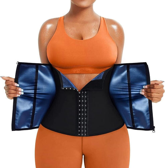 Chumian plus size waist trainer in black with blue lining worn over orange workout outfit