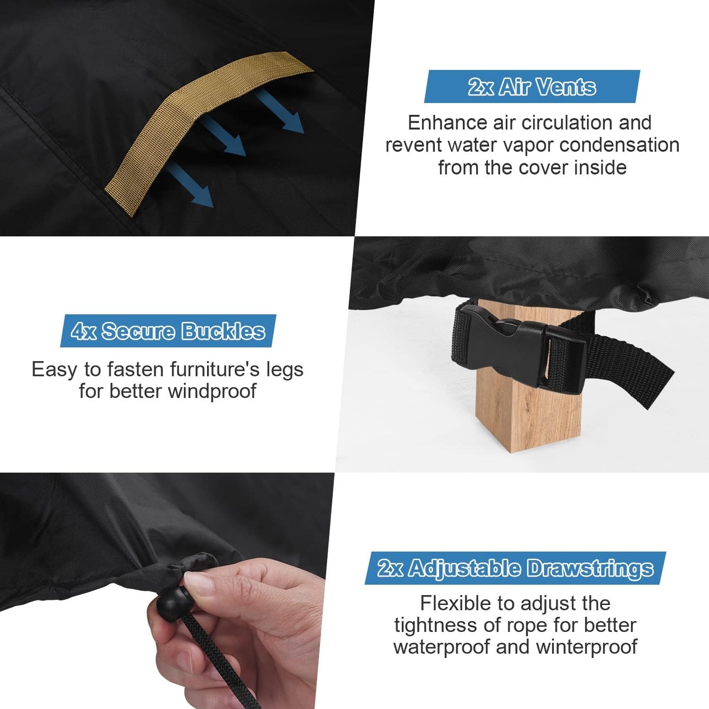 VANSHEIM circular garden furniture cover featuring air vents, secure buckles, and adjustable drawstrings