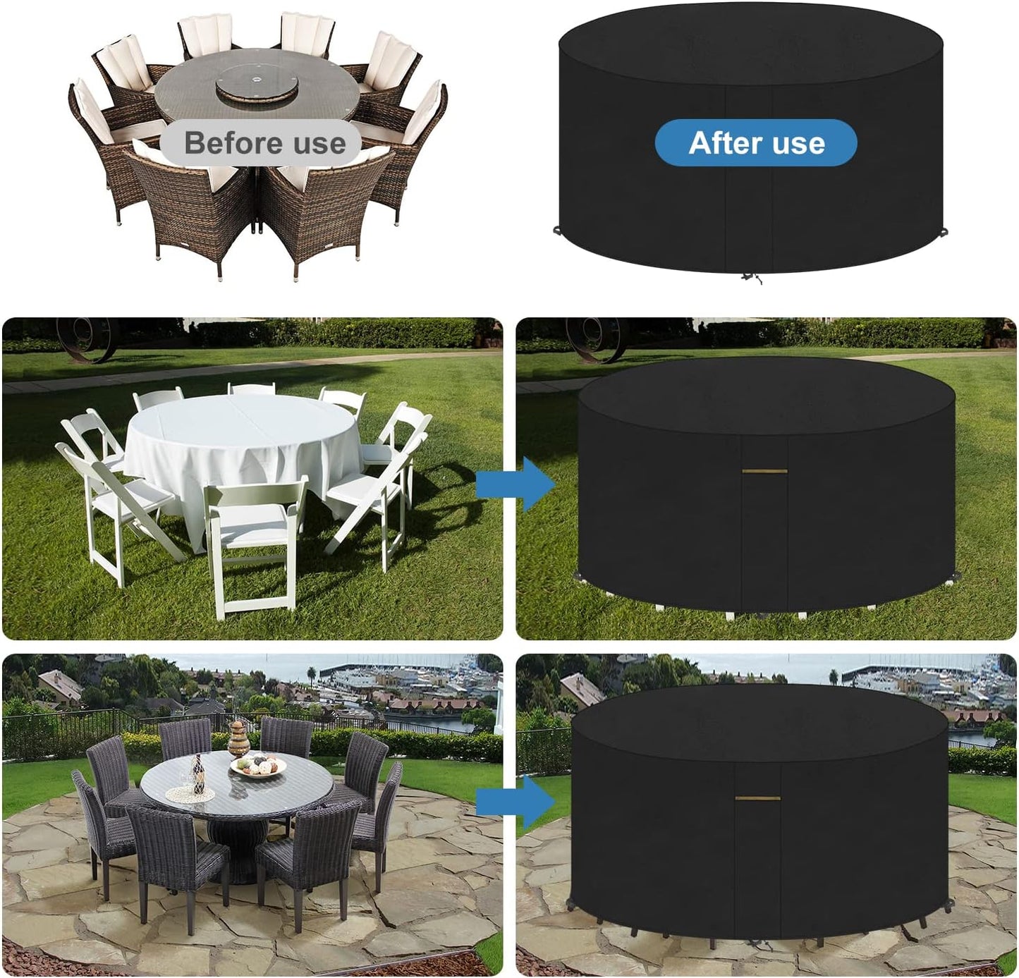 VANSHEIM circular garden furniture cover in black, protecting round garden table and chairs from weather elements