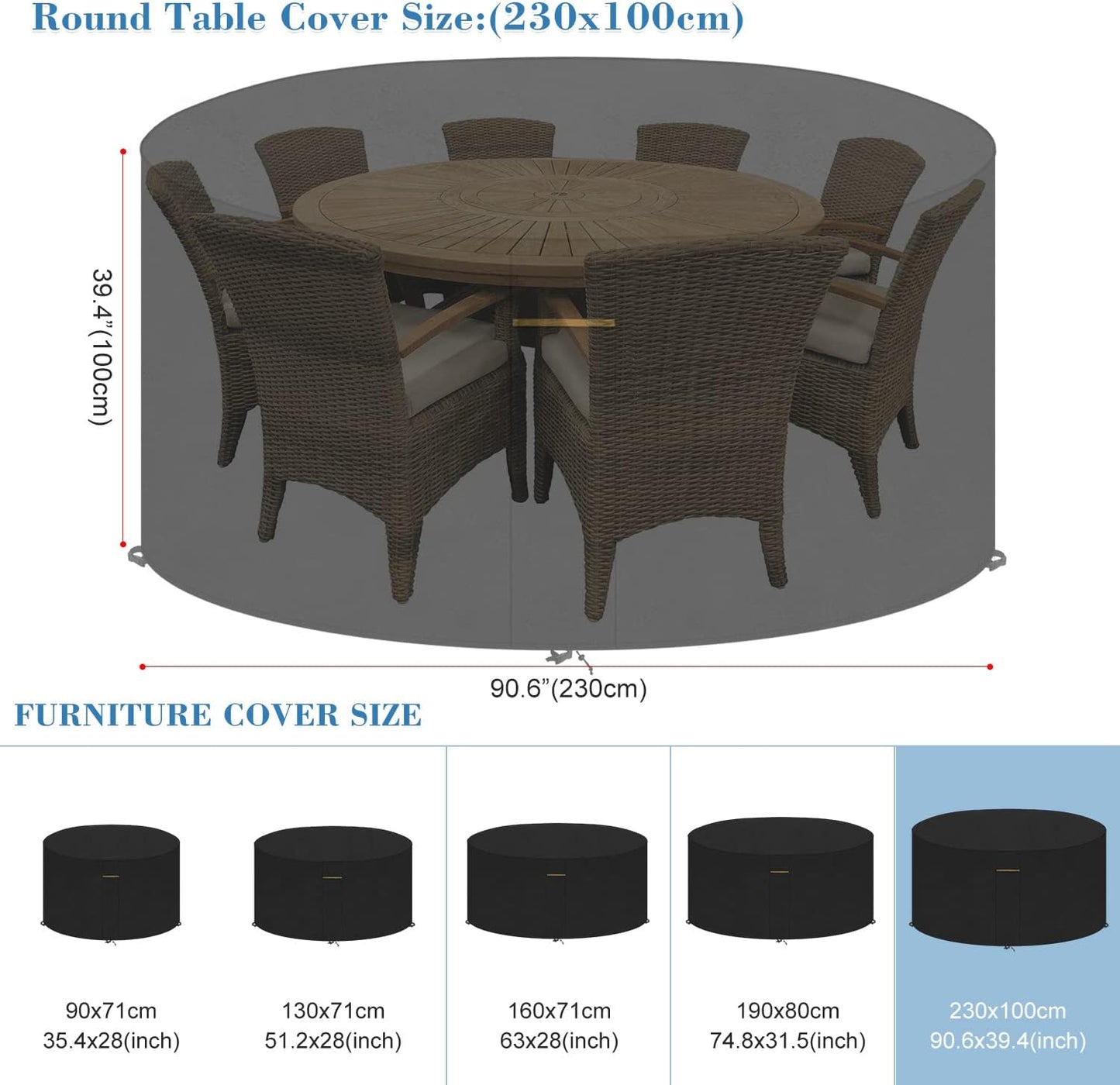 VANSHEIM circular garden furniture cover designed for round tables measuring 230x100cm