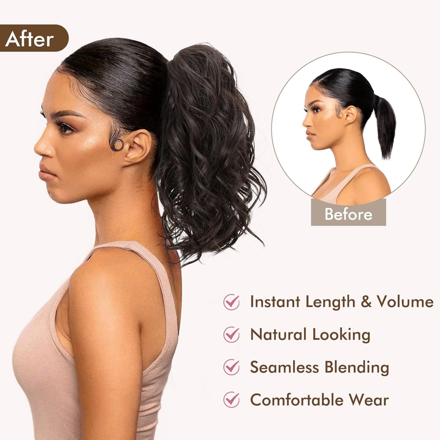 REECHO claw clip ponytail hair extensions for instant length and volume, showcasing before and after looks