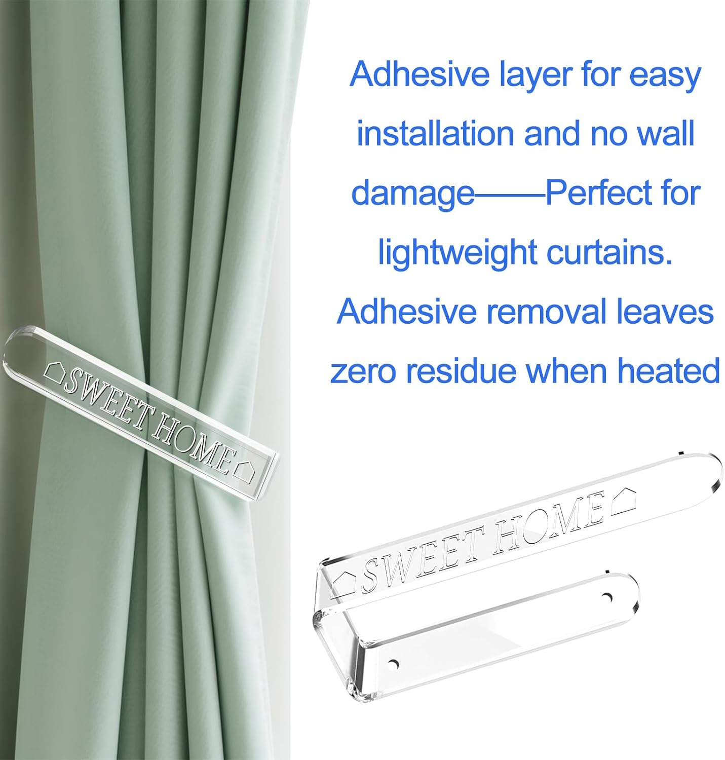 Clear acrylic curtain holdbacks with easy installation and no wall damage for lightweight curtains
