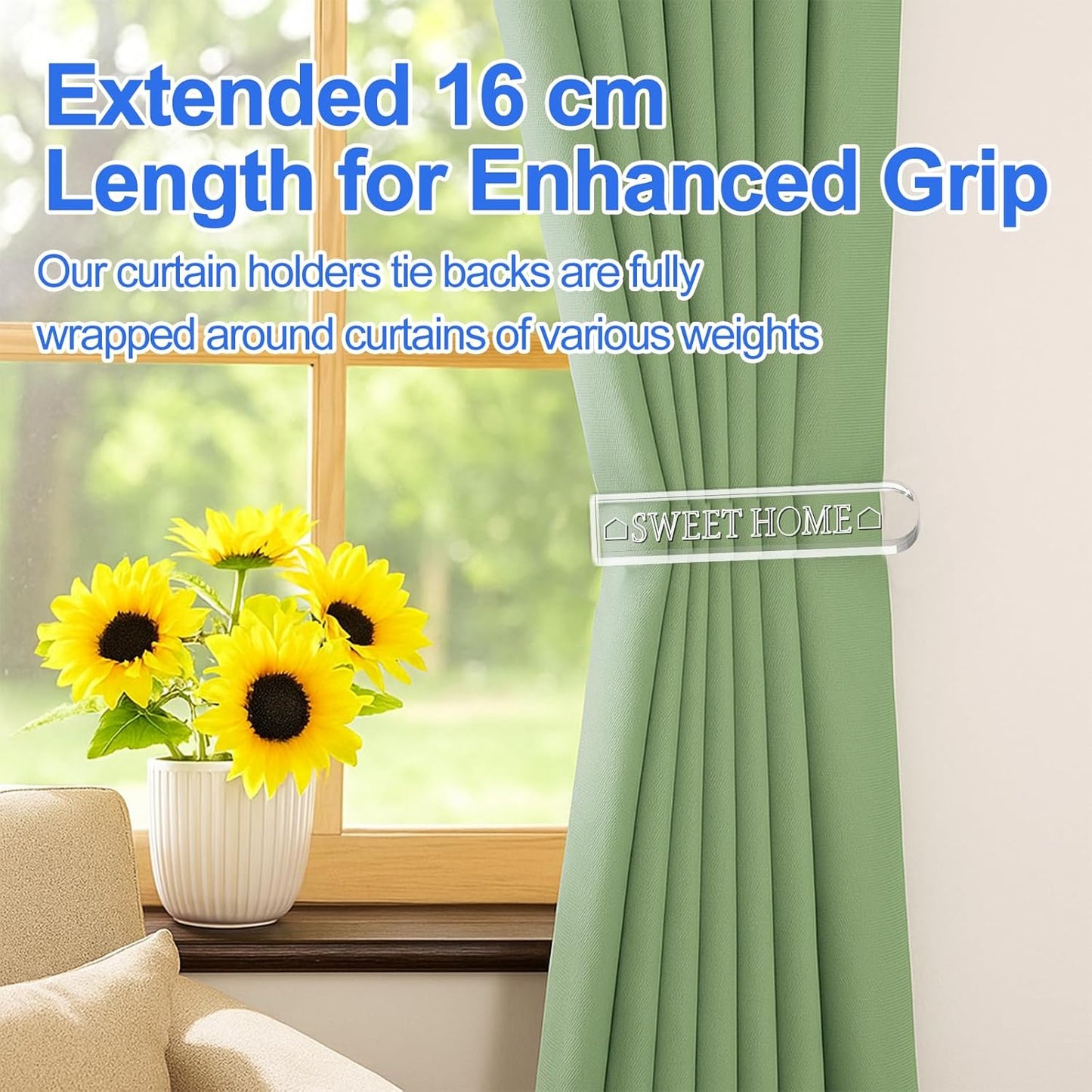Clear acrylic curtain holdbacks with 16 cm length for enhanced grip on various curtain weights