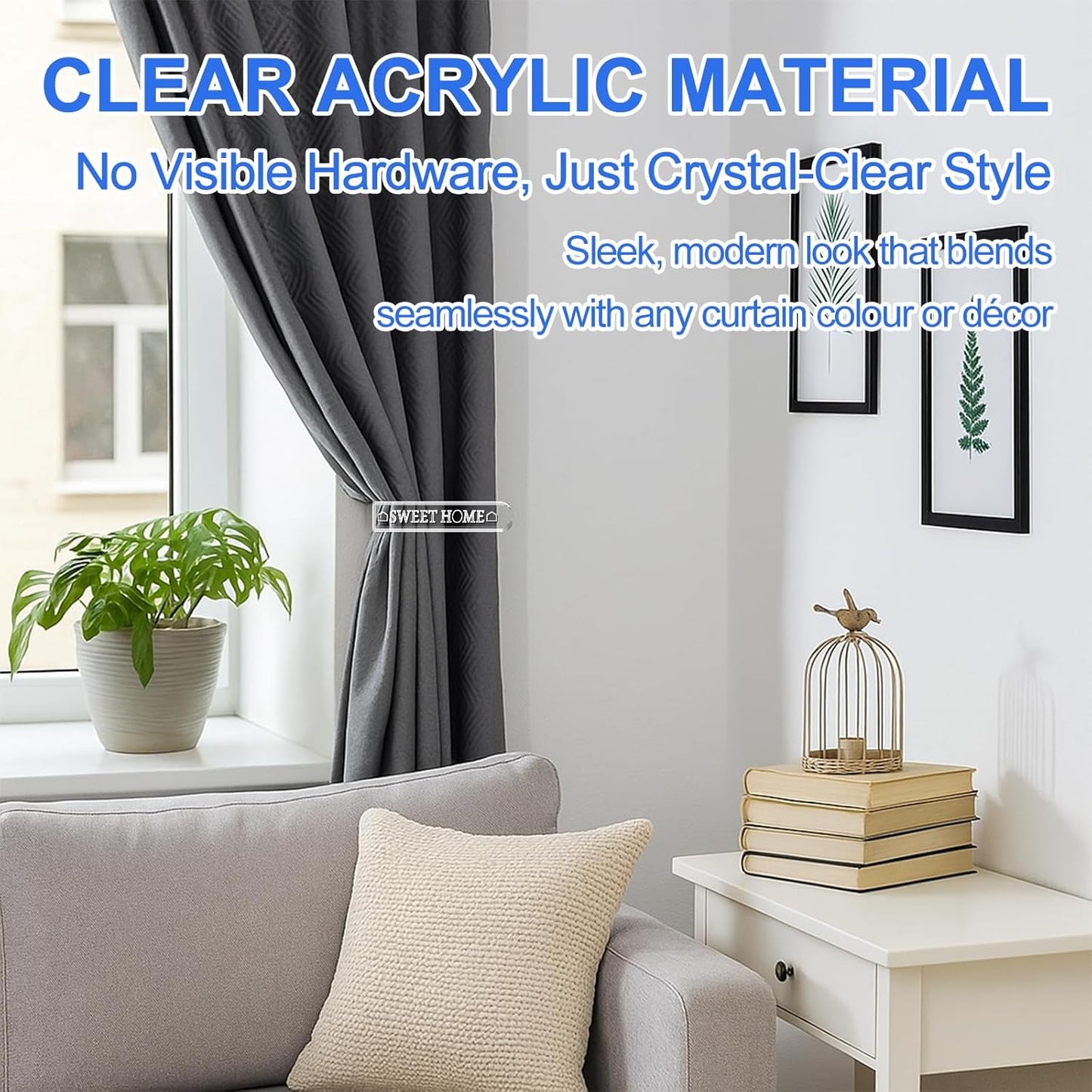 Clear acrylic curtain holdbacks in a modern living room setting with sleek decor and grey curtains