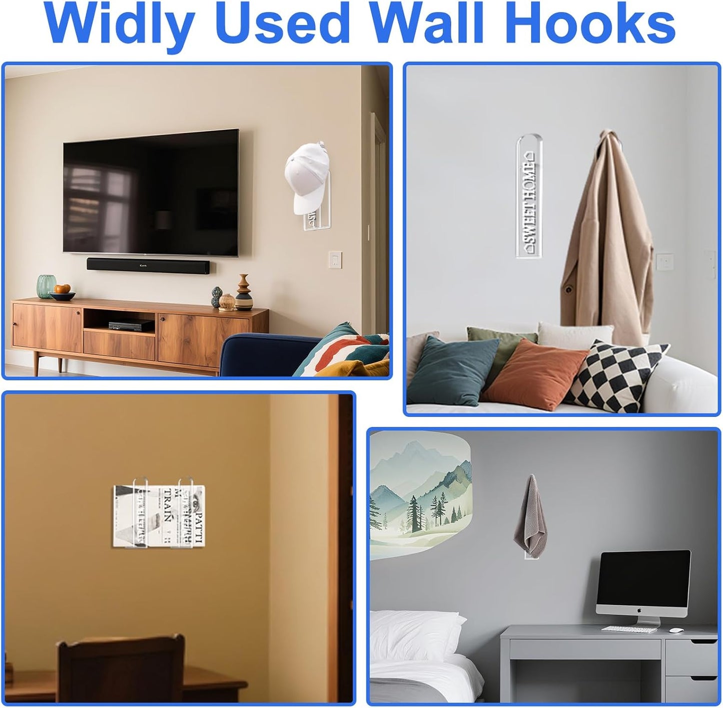 Clear acrylic curtain holdbacks on walls, showcasing their stylish design for home decor.