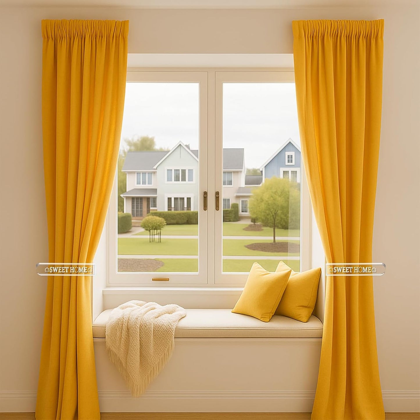 Bright yellow curtains held back by clear acrylic curtain holdbacks in a stylish home setting