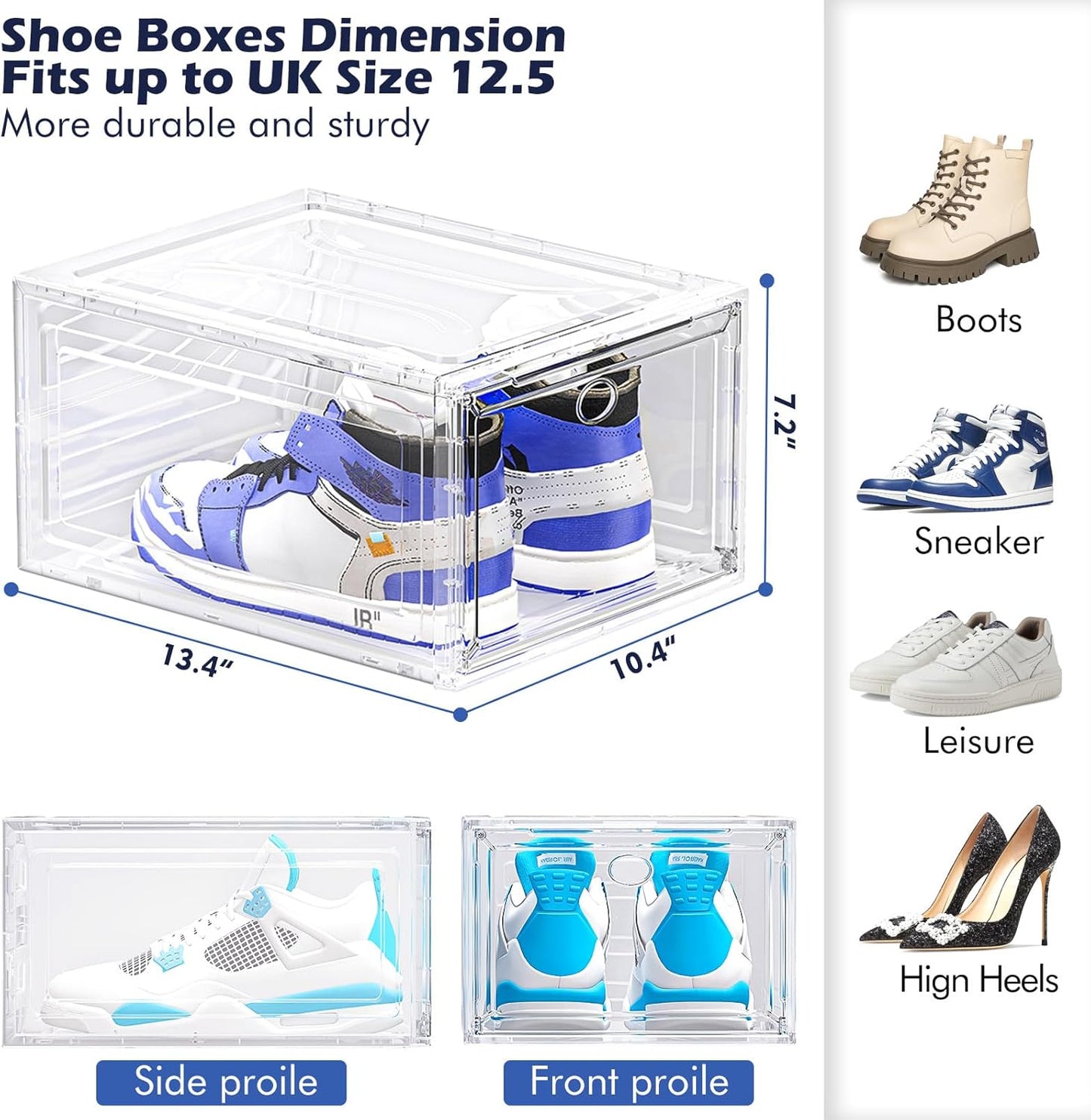 TidyTrove clear shoe storage box set with dimensions for UK Size 12.5, showcasing side and front views