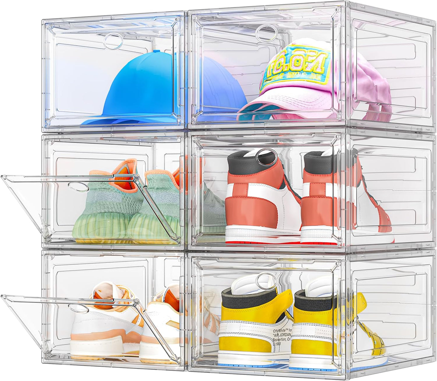 TidyTrove clear shoe storage box set displaying multiple pairs of shoes and caps for organised storage