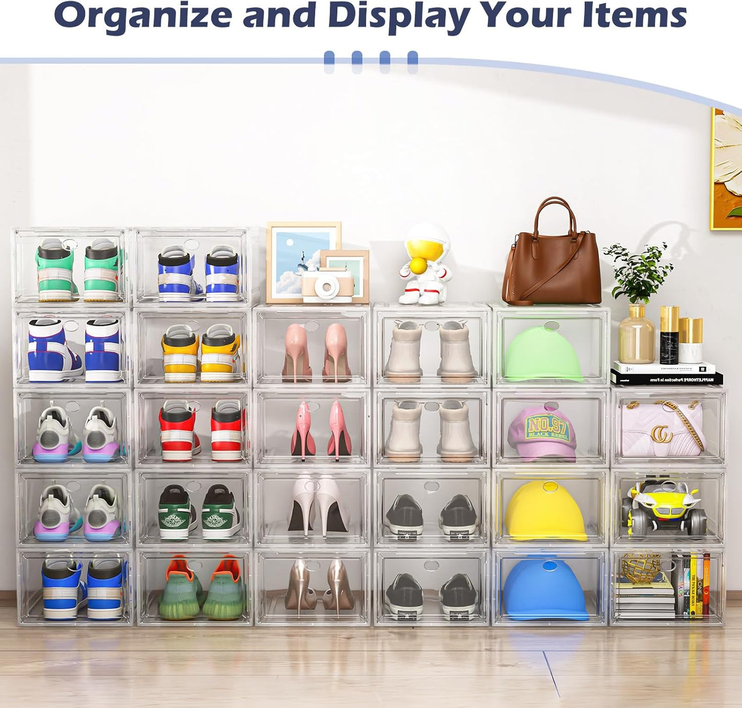 Clear shoe storage box set stacked neatly to organise and display various footwear and accessories