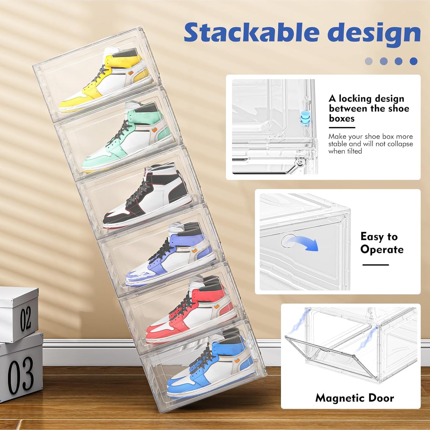 Clear shoe storage box set with stackable design and magnetic door for easy access