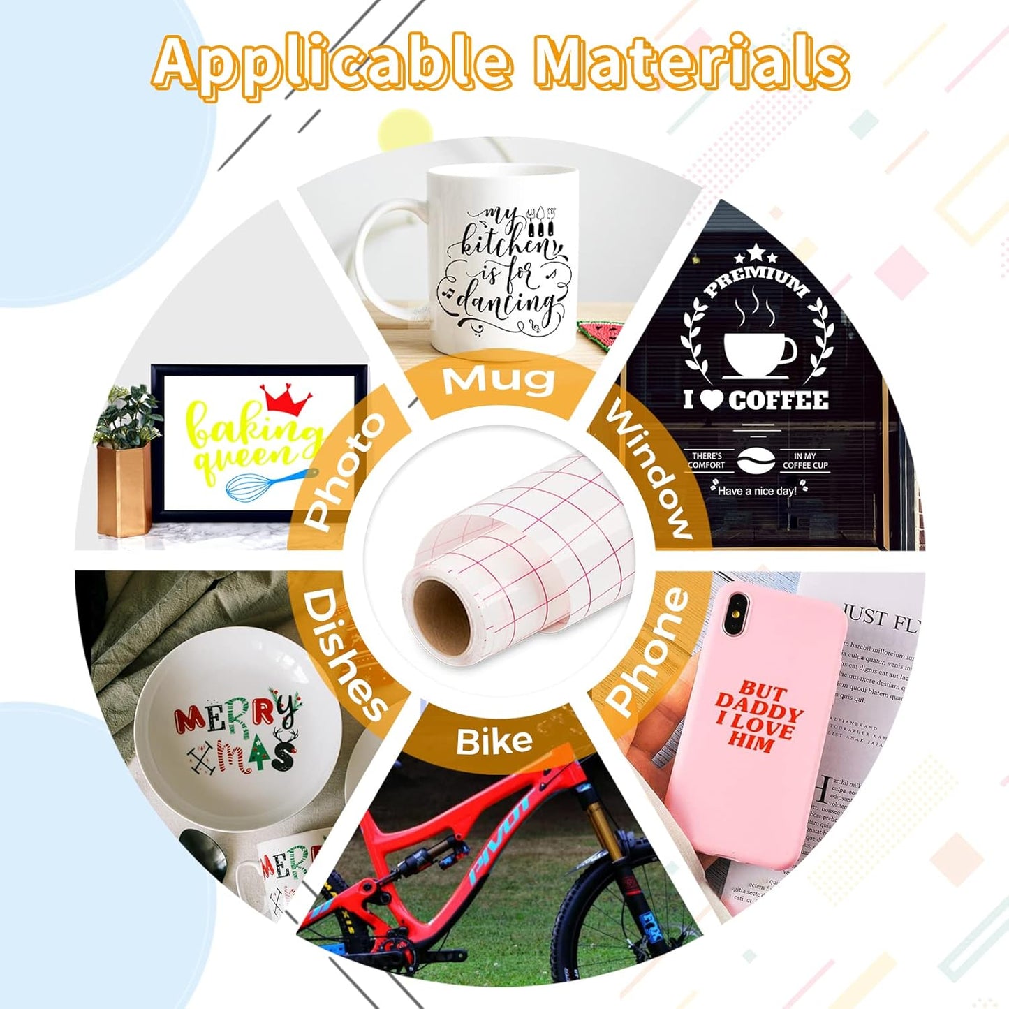 Clear transfer tape for vinyl suitable for mugs, photos, and bike decals