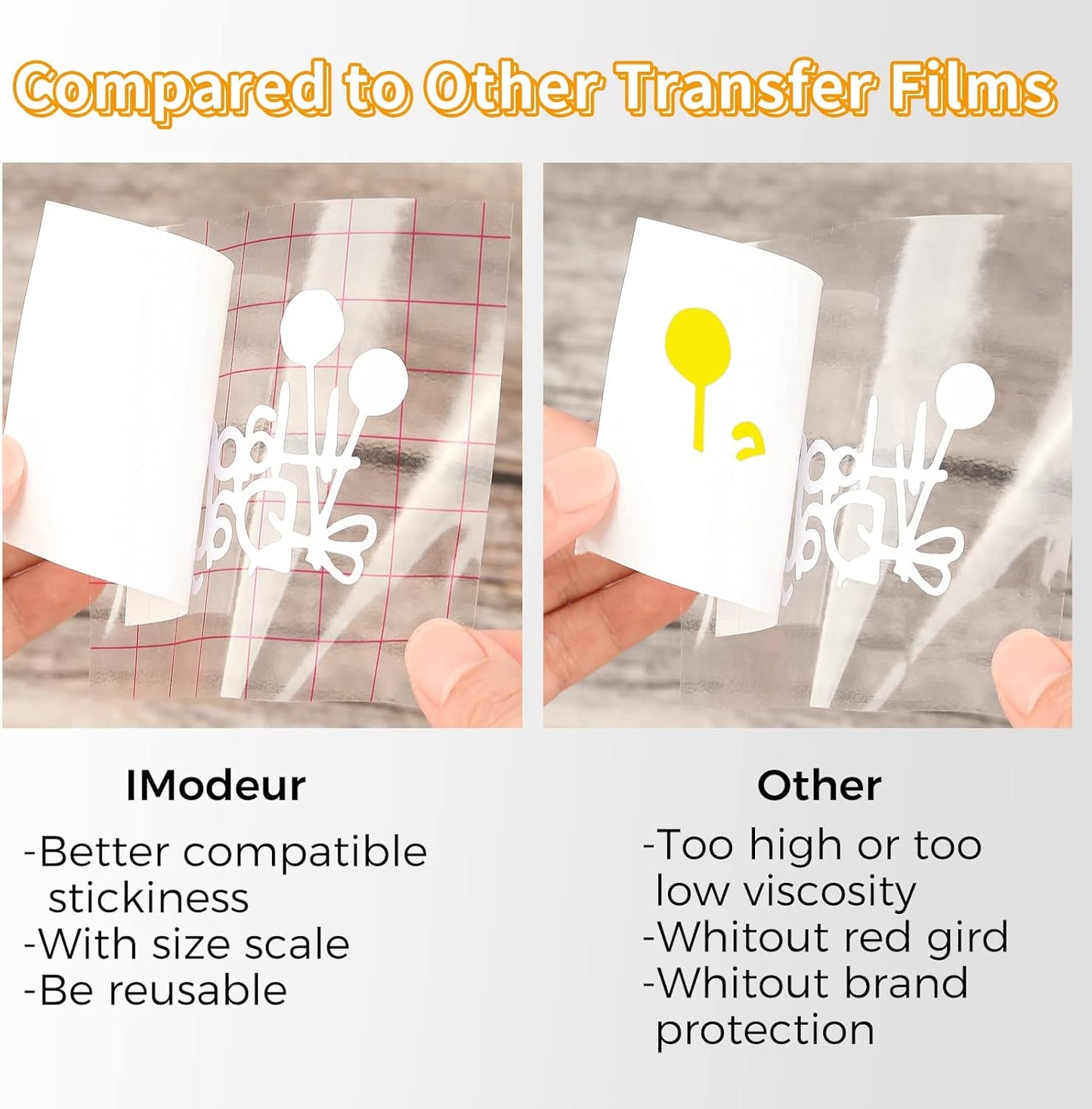 IModeur clear transfer tape for vinyl showcasing superior stickiness and size scale compared to other films