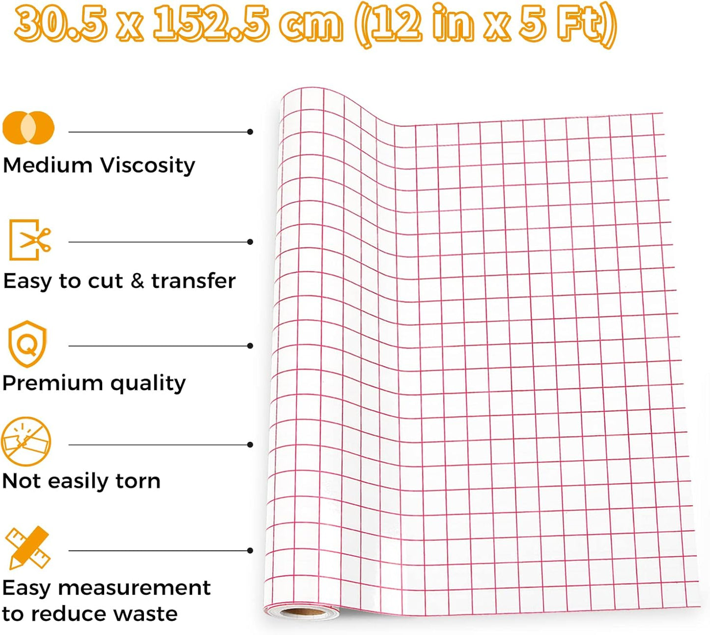 Clear transfer tape for vinyl 12 inch by 5 feet with grid pattern for easy cutting and transfer
