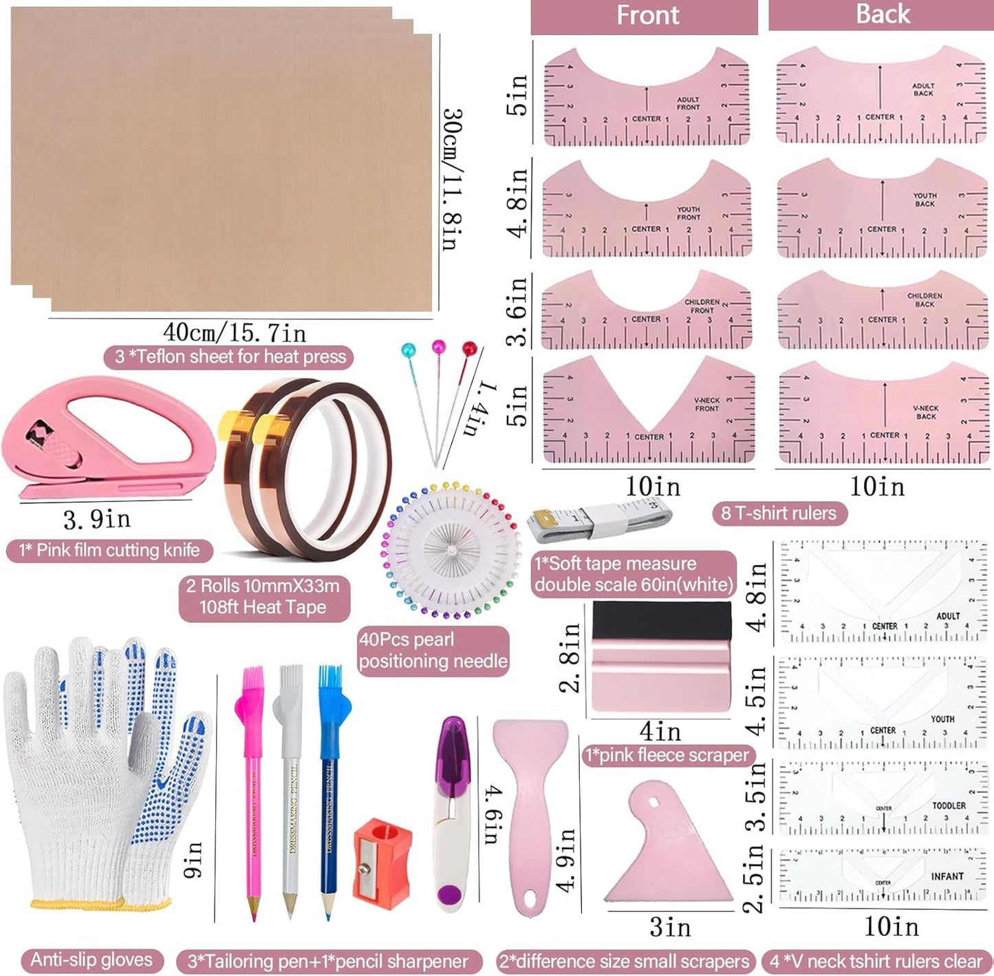 Sublimation shirt tool kit including cutting tools, rulers, and accessories for fabric crafting