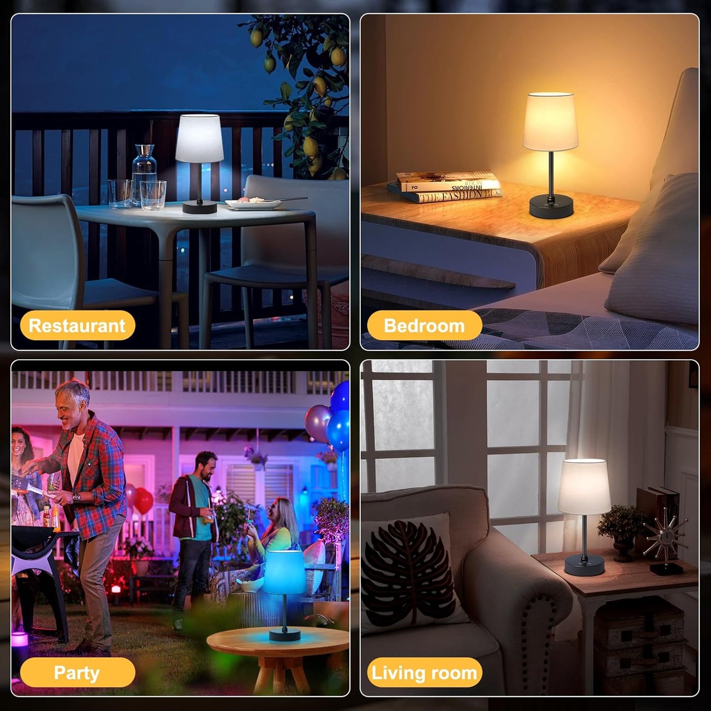 Smanu cordless rechargeable table lamp in various settings including restaurant, bedroom, party, and living room
