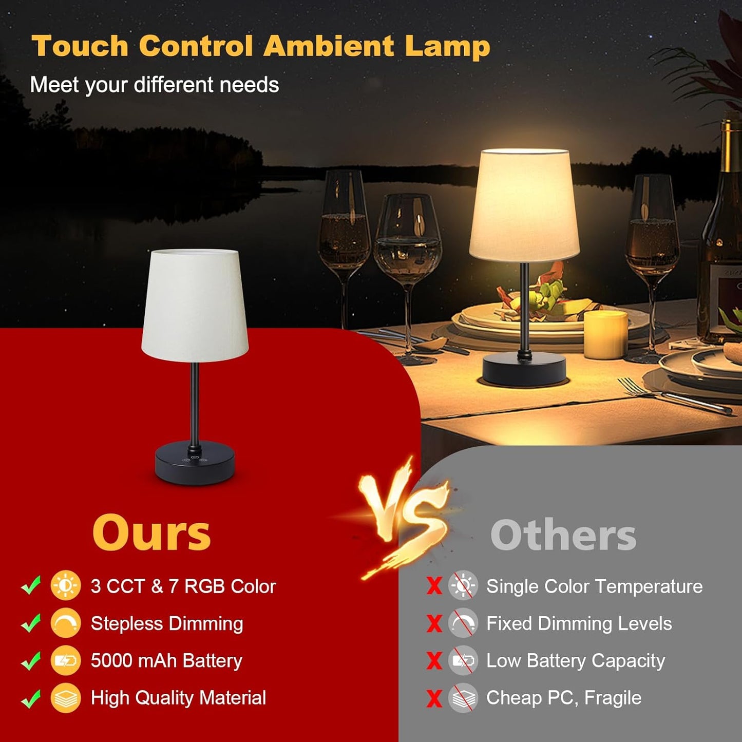 Smanu cordless rechargeable table lamp with touch control and three colour temperatures for versatile lighting
