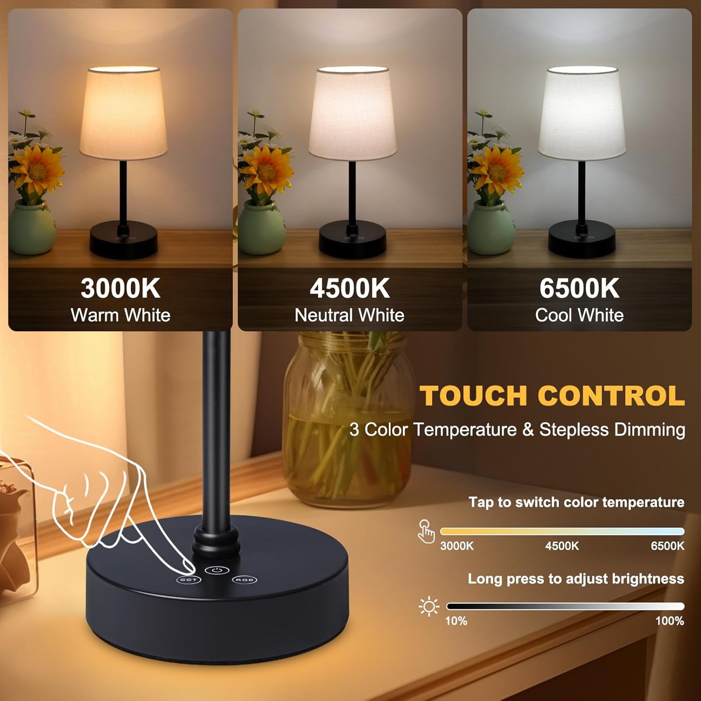 Smanu cordless rechargeable table lamp with touch control for adjustable colour temperature and brightness