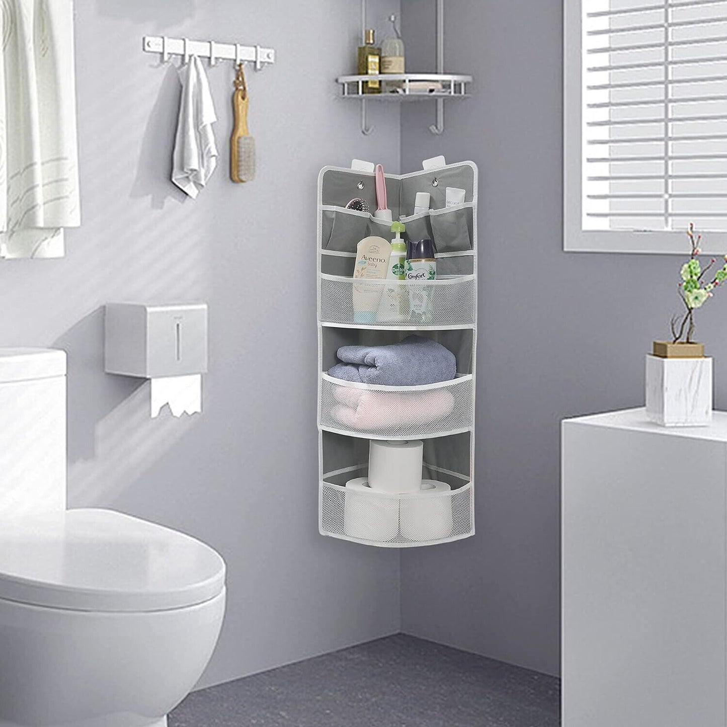 JarM corner hanging 3 tier shelf designed for efficient bathroom storage and organisation
