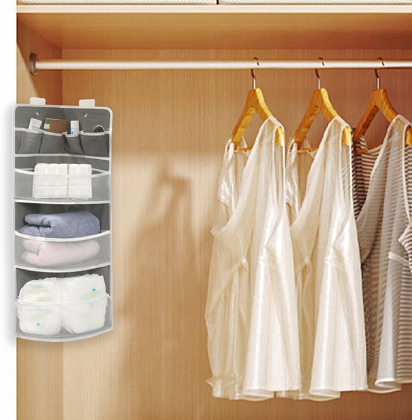 JarM corner hanging 3 tier shelf fabric organiser with various storage compartments for home use